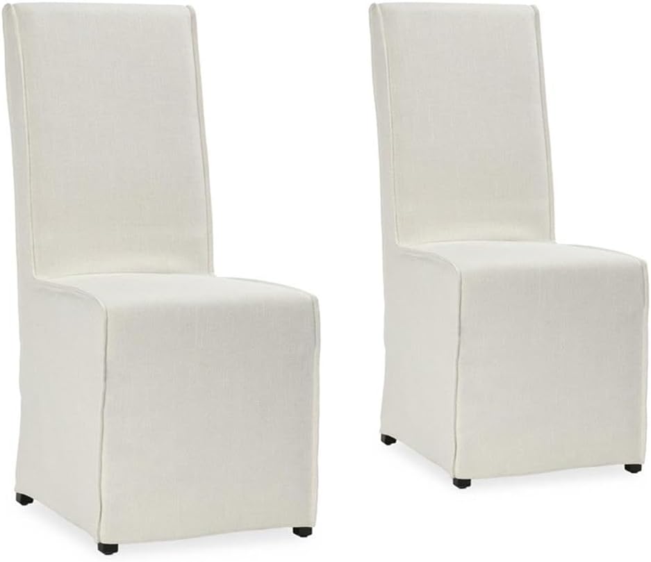 Pemberly Row Upholstered Parsons Dining Chairs, Set of 2, White Fabric Slipcovers, Solid Birch Wood Legs, 20.75 in Seat Height, Removable Covers, Modern Farmhouse Style Dining Room Seating