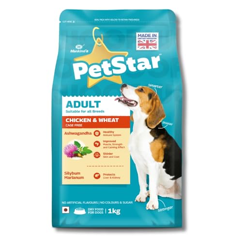 Image of Mankind Petstar Adult Dry Dog Food (High Protein) Chicken & Wheat Flavor, 1kg | Improves Muscle & Strength, Supports Immunity, Protects Liver & Kidney| Adult Dog Food