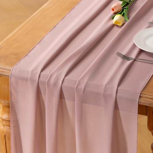 Socomi Dusty Rose Chiffon Table Runner Fall Thanksgiving Boho Rustic 10ft 29x120 Inches Wedding Runner Sheer Bridal Shower Decorations