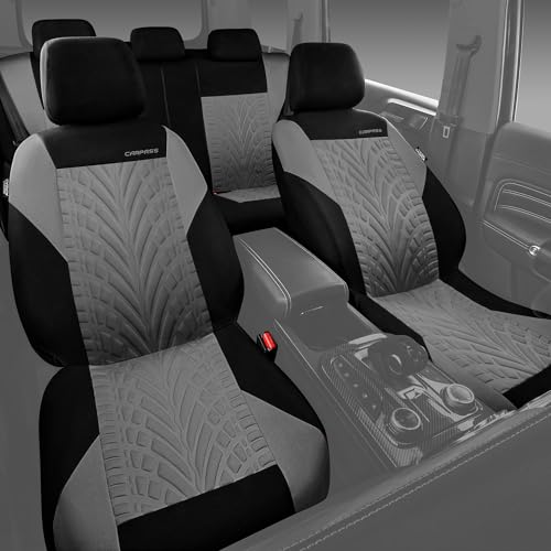 Image of CAR PASS Car Seat Covers Full Sets, Front & Split Rear Bench for Car, 3D Tyre Embossed Automotive Interior Covers, Airbag Compatible, Quick Setup Universal Fit Seat Covers for Car, SUV(Black Gray)