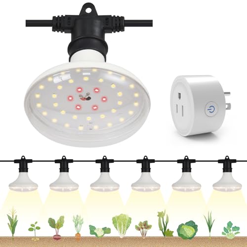 DingChen Outdoor Grow Lights Waterproof, Full Spectrum String Grow Light with 22FT Light String Cord for Seedling, Veg, Flower in Greenhouse, Garden, Backyard, Farm (6 Lights, with Smart Plug)