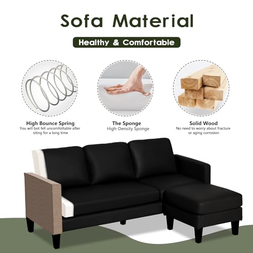 Image of Faux Leather Sectional Couch, L Shaped Sofa with 3 Seater Couch and Reversible Chaise Convertible PU Leather Comfy Couches for Living Room (Black)