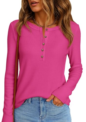 Image of PRETTYGARDEN Women's Long Sleeve Waffle Knit Henley Shirts Loose Tunic Tops