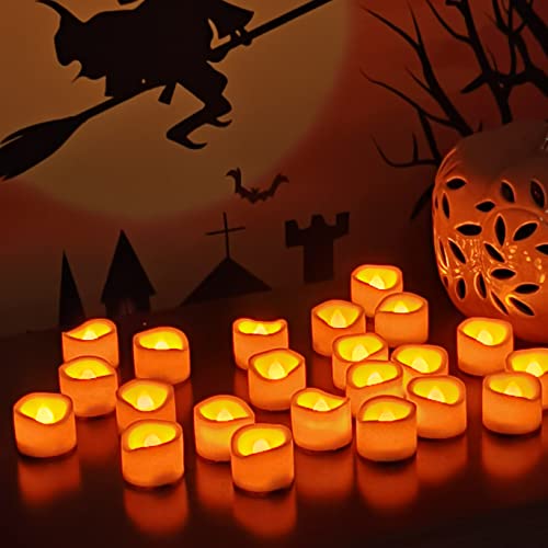 Image of CANDLE CHOICE Battery Operated Flameless Tea Lights Orange Flickering LED Electric Fake Votive Tealight Candles Halloween Pumpkin Thanksgiving Christmas Decorations Centerpieces 24 Pack Batteries Incl
