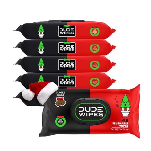 DUDE Wipes - Flushable Wipes - 6 Pack, 288 Count - Dingle Bells - Extra Large with Crisp Pine, Balsam, and Other Jolly Scents