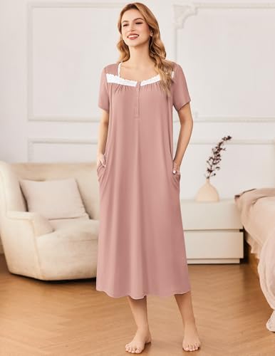 Image of Ekouaer Long Nightgowns for Women Soft Ladies Sleepwear Gowns Short Sleeve Nightdress Button House Dress with Pockets
