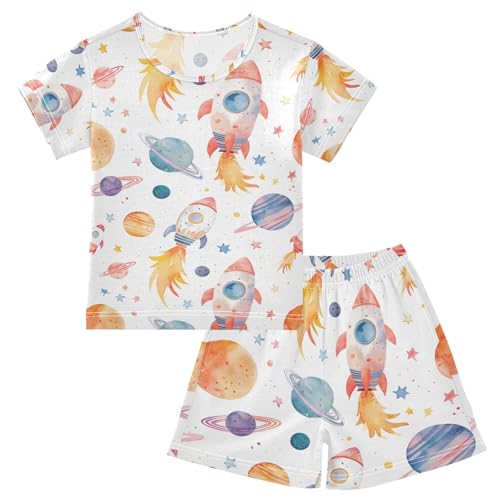 ALAZA Outer Space Solar System Planet Watercolor Pajamas Set Short Sleeve Cotton Sleepwear Summer Pjs 2 Piece 5-14Y