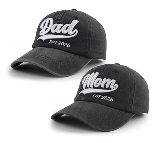 Image of 2PCS Mom and Dad EST 2026 Hat, 3D Embroidered Adjustable New Parents Gifts Baseball Cap