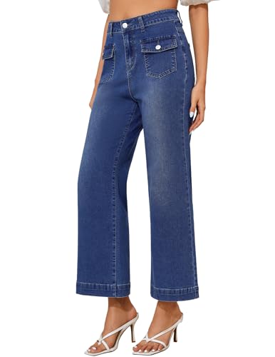 AMPOSH Women's Mid-Rise Cropped Flare Jeans with Wide Leg & Stretch | Trendy Baggy Denim Pants with 4 Pockets