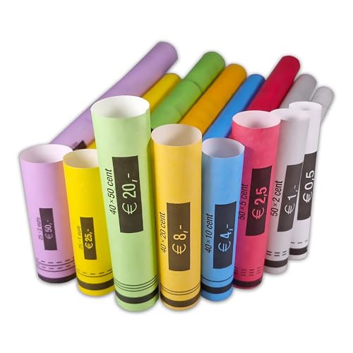 Fundas para monedas desde 1 céntimo hasta 2 euros, papel para envolver monedas en forma de tubo, tubos de monedas en caja de cartón, paquete mixto en total 100 fundas