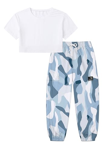 Image of Betusline Girls 2 Piece Set, White Cute Short Sleeve Crop Tops + Blue Camo Cargo Jogger Pants Clothes, 4-5T = Tag 120
