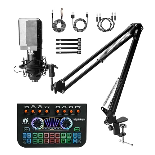 CEZO Professional Condenser Microphone with X3 Sound Card | Condeser Mic Set with Compact Microphone Pop Shield |Live Sound Card| Boom Arm Stand| Shock Mount for Recording Podcasting & Live Streaming