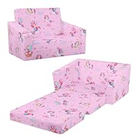 Decalsweet Kids Sofa Bed,2-in-1 Flip Out Kids Couch,Folding Toddler Chair with Pocket,Convertible Chair to Lounger,Birthday Gift for Children Girls,Unicorn Balloon