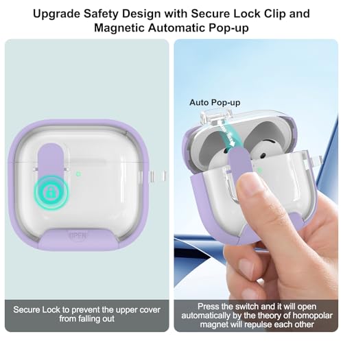 Image of Aircawin for Airpods 4 Case Clear,Secure Lock for Airpods 4th Generation Case Cover with Phone Stand and Magsafe Function,Auto Pop-up,Hybrid Protection Design with Carabiner&Cleaning Pen-Purple