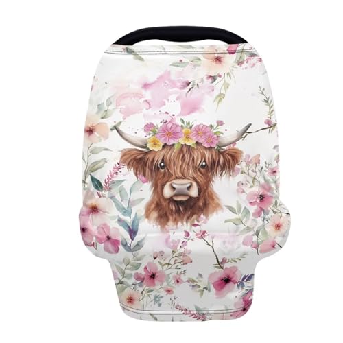 Image of Wanyint Highland Cow Floral Pink Baby Car Seat Covers Cute Carseat Canopy for Babies Boys Girls Multi-use Nursing Breastfeeding Covers Nursing Scarf