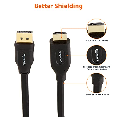 Image of Amazon Basics DisplayPort to HDMI Cable, Video and Audio, Uni-Directional, 1920x1200, 1080p, Gold-Plated Plugs, 25 Foot, Black