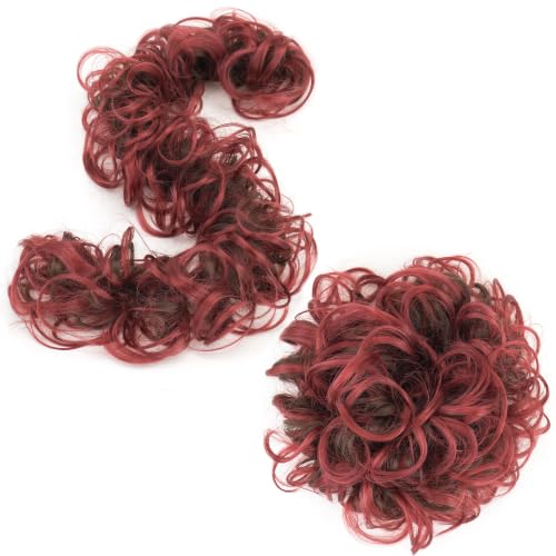 IMISSU Large Size Hairpiece Curly Messy Hair Bun Wrap Scrunchies Elastic Hair Band Donut Updo Chignon Hair Extension Piece for Women Girl (Brown Burgundy)