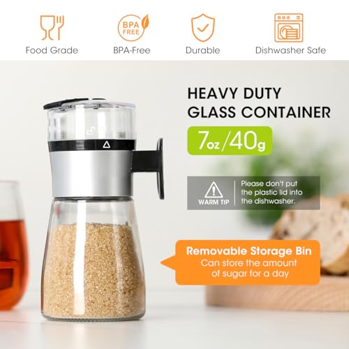 AIEVE Glass Sugar Dispenser with Three Dispensing Modes, Weighted Pourer, Sugar Dispenser for Coffee,Tea and Baking, 7oz Capacity