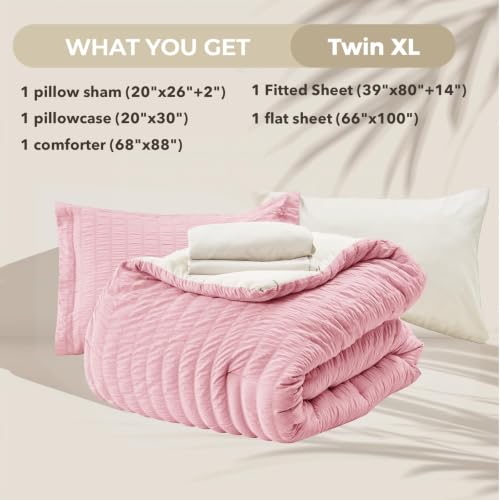 Image of HYMOKEGE Pink /Ivory Twin XL Comforter Set Seersucker 5 Pieces, All Season Luxury Bed in a Bag for Bedroom, Bedding Set with Comforter, Sheets, Pillowcase & Sham