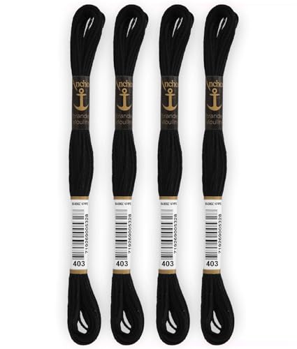  Anchor - Set di 4 matasse Stranded Cotton Mouliné  100% cotone  Filo da ricamo, punto croce, tela  Colore nero  Rif 4635000-4EA_00403