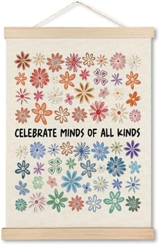 MHJFERGV Autism Awareness Mental Health Wall Art Poster, Neurodiversity Celebrate Minds of all Kinds Colorful Floral Canvas Wall Decor for Counseling Therapy Office, 12x16 Inches