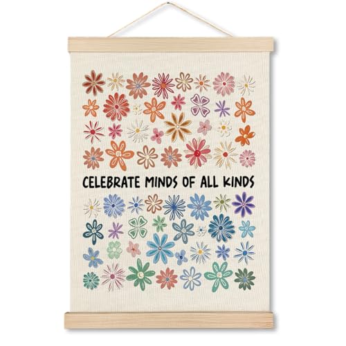 MHJFERGV Autism Awareness Mental Health Wall Art Poster, Neurodiversity Celebrate Minds of all Kinds Colorful Floral Canvas Wall Decor for Counseling Therapy Office, 12x16 Inches