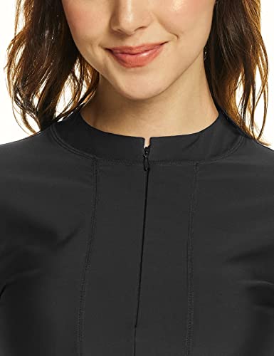TSLA Women's Half-Zip Front Rash Guard, UPF 50+ Side Adjustable Long Sleeve Swim Shirts, Half Zip Front Black, Large