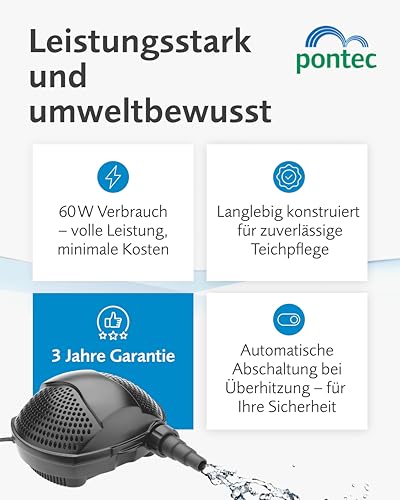 Pontec 50855 PondoMax (Eco 5000) Filterpumpe Teich, Wasserfall, Filteranlage, Teichpumpe für Außen, Energieeffiziente Bachlaufpumpe zur Filtereinspeisung, 10 m Kabel, Schwarz