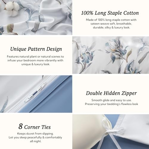 MILDLY Cal King Size Duvet Cover Set 100% Long-Staple Cotton Luxury White & Blue Floral Patten Reversible Comforter Cover Set 3Pcs