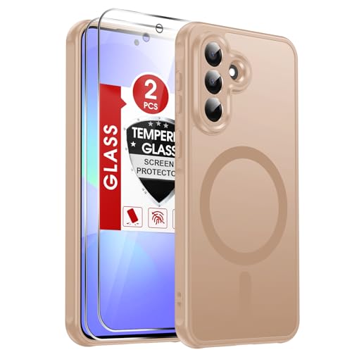 LeYi for Galaxy A37-5G Phone Case: Samsung Galaxy A37 5G Case with [2 Packs] Tempered Glass Screen Protector, [Magnet Fit] Matte Translucent Soft-Touch & Full Body Shockproof Funda para A 375G, Gold