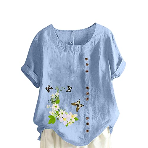 Women's Flower Print Cotton Linen Shirts Blouses Short Sleeve Crewneck Button Tee Shirt Loose Casual Blouse Tops #TOP18
