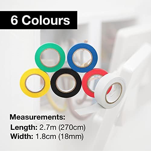 D.A.Y. Republic 6 Rolls of PVC Electrical Tape. 6 Colours - Black, White, Red, Green, Yellow, and Red for Colour Coding Wires Safely. Each Roll Approx 2.7m (270cm) - Great for Electrical Jobs