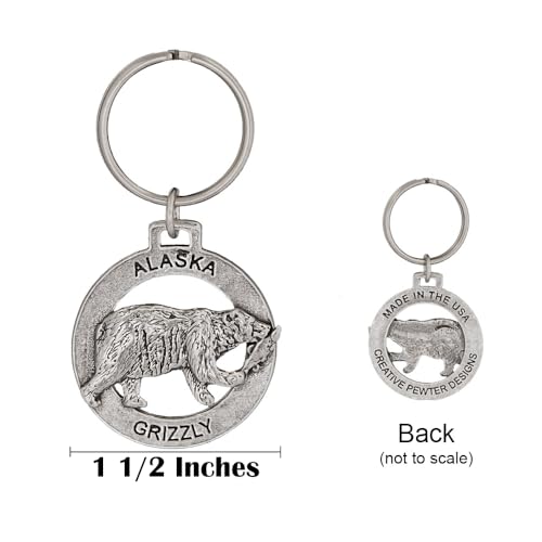 Alaska Grizzly Bear with Salmon Keychain, A626KC, 1 1/2”, Pewter, Metal, Souvenir, 100% Handmade in The USA, Alaskan Travel Keychain, Key Chain, Key Ring, Key Fob, Gift, 20+ Alaskan Designs Available2