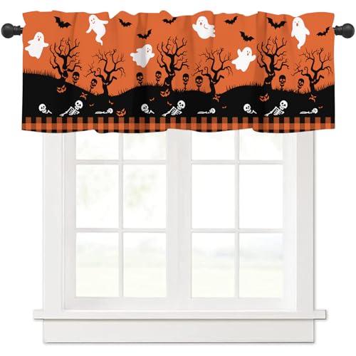 Gelasgo Halloween Valances Curtain Ghostly Pumpkin & Ghost Design 54" x 18" Rod Pocket Window Valance for Kitchen, Living Room, Bedroom-Farmhouse Halloween Decor