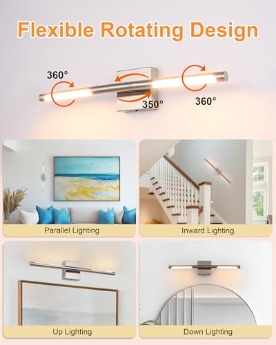 Image of TODOLUZ 24-Inch 5CCT LED Bathroom Light Fixture, 12W Brushed Nickel Rotatable Tube Vanity Lighting for Over Mirror Paintings Power Room, 2700K-5500K