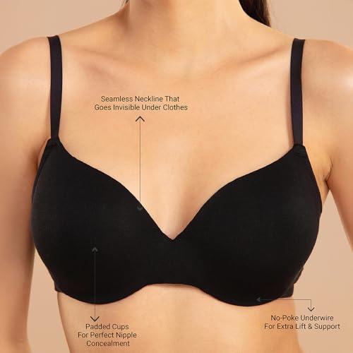 Image of NYKD NYB218 Modal Fabric Lightly Padded Wired T-Shirt Bra for Women Seamless Neckline Non Slip Shoulder Straps