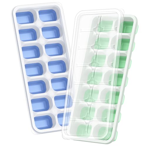 Image of ChefAide Ice Cube Tray with Lid, 2 Packs 28 Cubes Durable Stackable Ice Cube Trays for Freezer with Removable Lids, Easy-Release Plastic & Silicone Ice Tray for Cocktail, Coffee