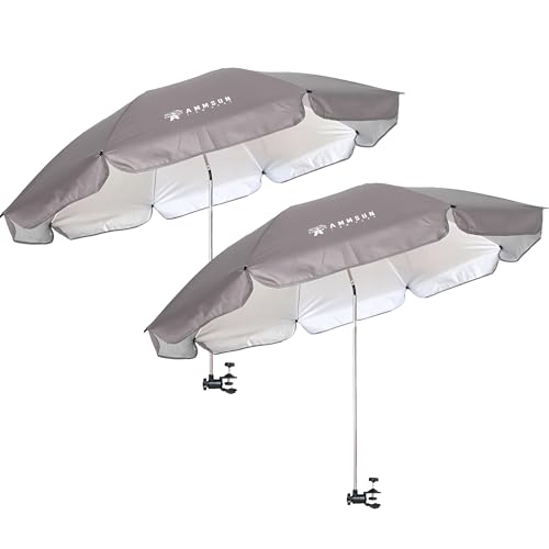 Image of AMMSUN XL Chair Umbrella with Universal Clamp Adjustable 47 inches and 360-degree Swivel UPF 50+, Portable Clamp on Camping or Beach Chair, Stroller, Wheelchair, Golf cart, Grey, 2 PACK