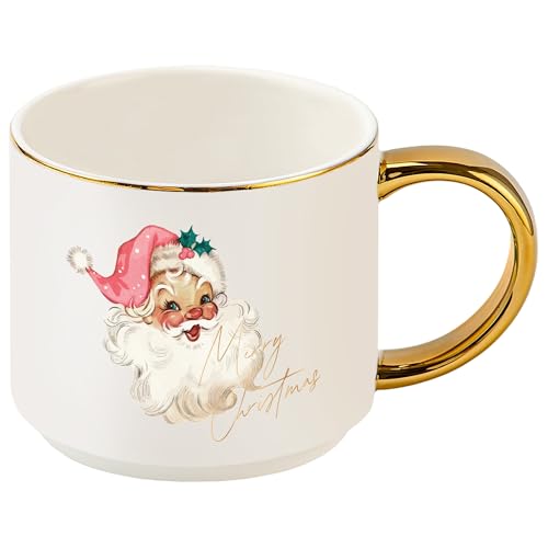 Sweet Water Decor Santa Coffee Mug, 14oz China Christmas Mug with Gold Handle, Large Holiday Winter Cup for Coffee, Tea & Hot Chocolate, Stocking Stuffer Gifts for Women