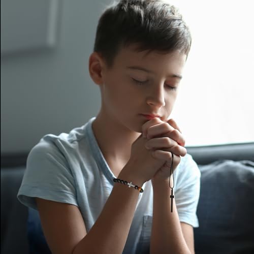 Image of P. BLAKE Cross Bracelet for Boys Men, American Flag Cross Natural Beads Bracelet Christian Religious Birthday Jewelry Gifts for Teen Boys