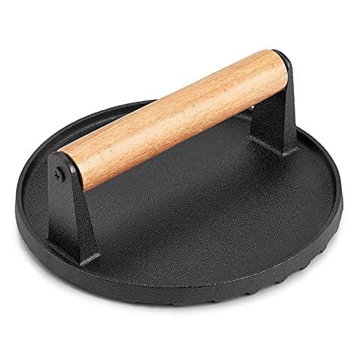 HaSteeL Single Cast Iron Grill Press, Heavy Duty 7In Bacon Burger Press with Wooden Handle, Pre-Seasoned Steak Press Great for Flat Top Griddle Teppanyaki BBQ Grilling Cooking Indoor & Outdoor