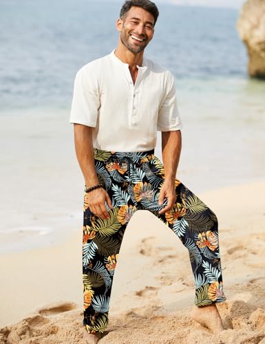 Image of iWoo Linen Pants Men Casual 2025 Summer Beach Elastic Drawstring Waist Yoga Pants Travel Baggy Work Pant Pajama