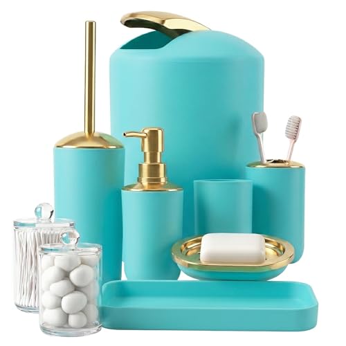 9 Pieces Teal Bathroom Accessories Set Gorgeous Gold Bathroom Set Trash Can Toilet Brush Soap Dispenser Toothbrush Holder Soap Dish Tumber Qtip Holder Tray Sink Countertop Set