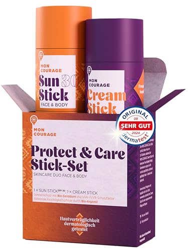 MON COURAGE Protect & Care Set LSF30+ [DERMATEST SEHR GUT] 3in1 Feuchtigkeitscreme trifft wasserabweisenden Sonnencreme Stick mit UVA/UVB Schutz - Sun & Cream Stick Set mit natürlichen Wirkstoffen