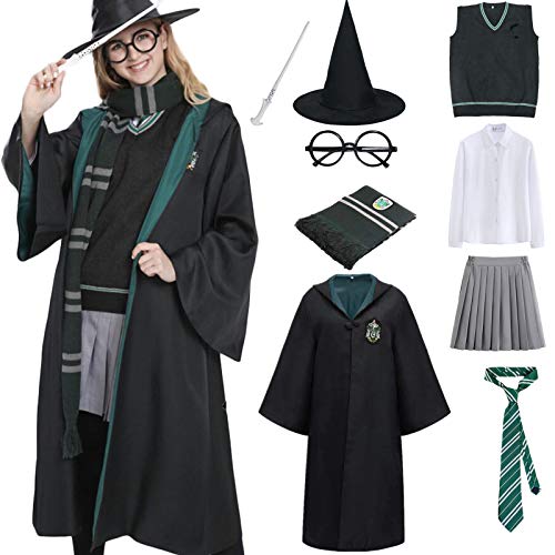 AOGD Bambini Adulto Donna Scuola di Magia Mantello Costume Abito da Mago Costume Cosplay Carnevale Travestimento Halloween Costume Festa di Natale Bacchetta Magica Cravatta Sciarpa Camicia Gonna