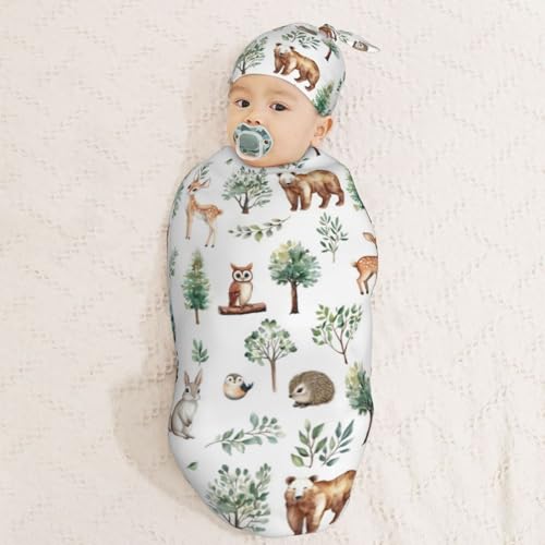 Image of Watercolor Woodland Animal Tree Swaddle Blanket with Beanie Hat Set Newborn Receiving Blankets Baby Swaddle Wrap Soft Swaddle Blankets for Baby Boys and Girls