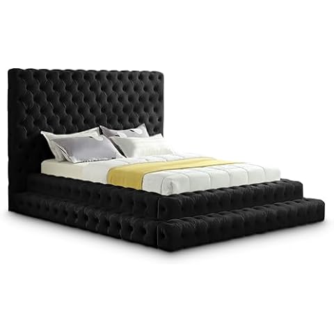 Meridian Furniture RevelBlack-Q Revel Collection Modern | Contemporary Black Velvet Upholstered Bed with Deep Button Tufting, 85" W x 98" D x 60" H, Black, Queen Cover