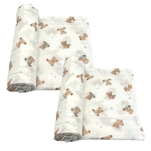 Image of American Baby Company 2-Pack 100% Cotton Muslin Swaddle Blanket (47 inch x 47 inch), Soft, Breathable & Lightweight, Teddy Bear, Perfect for Swaddling, Travel and Gifting