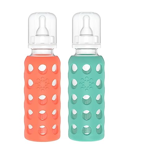 Image of Lifefactory Glass Baby Bottle BPA Free | Protective Silicone Sleeve | 9 oz Pack of 2 | Papaya, Kale