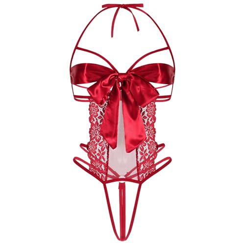 Telooco Dessous Sexy Set Schleife Sexy Unterwäsche für Frau Hohl Spitzen Bodysuit Damen Lingerie Desouses für Frauen Strapse Pyjama Weihnachten...
